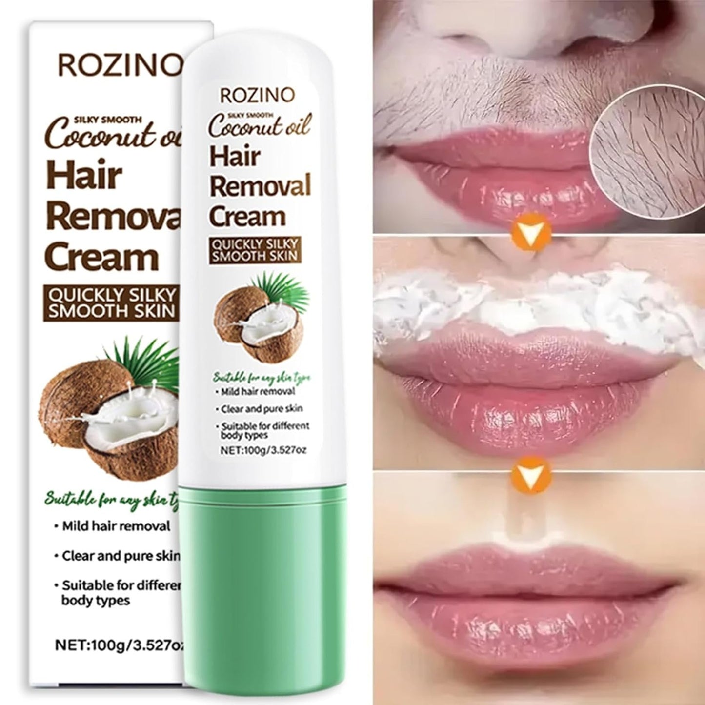 Coconut Oil Depilatory Cream,Gentle Hair Removal for All Skin Types 