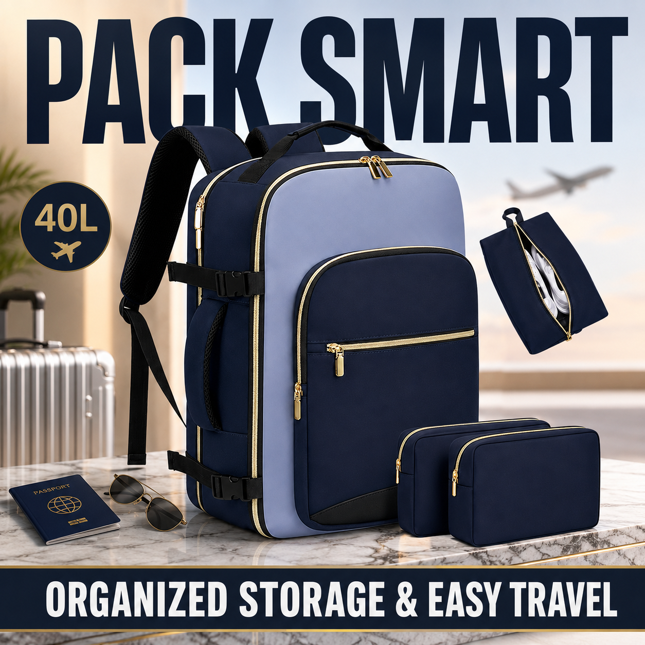 4Pcs Large Travel Backpack, 40L