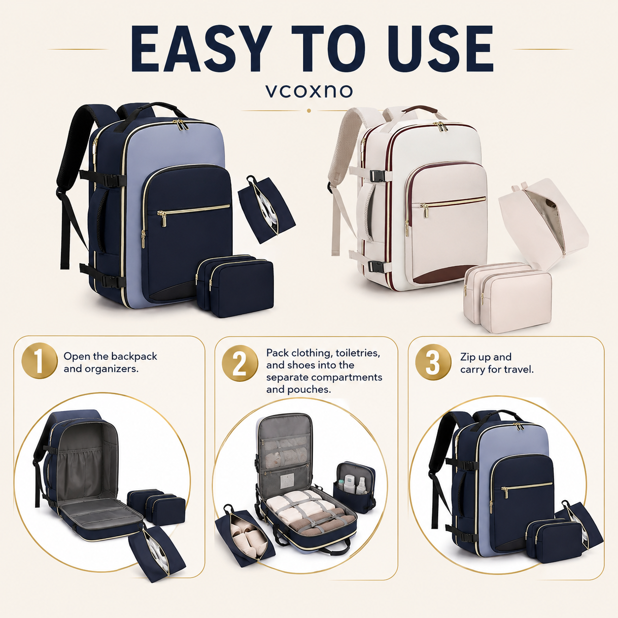 4Pcs Large Travel Backpack, 40L